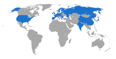 Mapa del mundo donde aparecen resaltados los países que colaboran con el proyecto. Estos son: China, la Unión Europea, India, Japón, Rusia, Corea del Sur, Estados Unidos, Australia, Canadá, Kazajistán, Tailandia, Reino Unido y Suiza. Fuente: https://commons.wikimedia.org/wiki/File:ITER_participants.svg