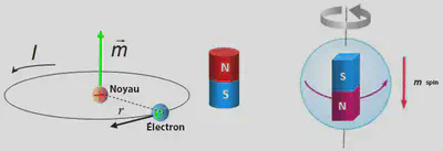 Esquema de un electrón orbitando a un protón, a su lado aparece un imán con su lado norte y sur para representar el hecho de que se comportaría como un imán. Fuente: https://imamagnets.com/en/blog/which-is-the-magnetic-moment/.