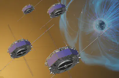 Representación artística de la [Magnetospheric Multiscale (MMS) Mission](https://en.wikipedia.org/wiki/Magnetospheric_Multiscale_Mission). Fuente: https://commons.wikimedia.org/wiki/File:Artist_depiction_of_MMS_spacecraft_(SVS12239).png.